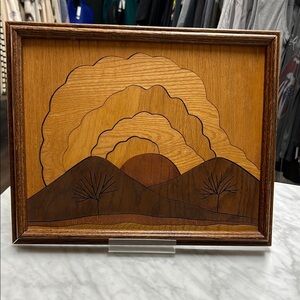 Vintage Handmade Framed Wood Inlay Marquetry Landscape Pattern